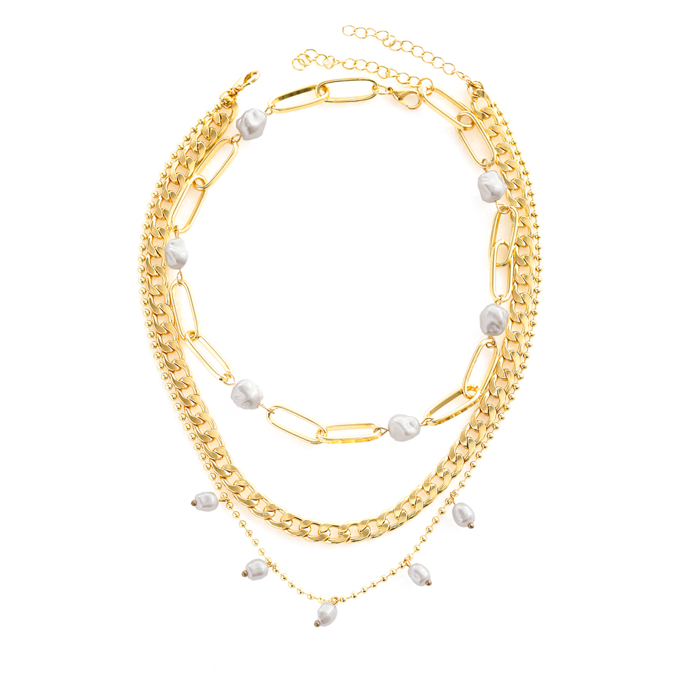 Fashion Creative Gold Plated Pearl Beaded Multi-Layer Clavicle Chain Necklace