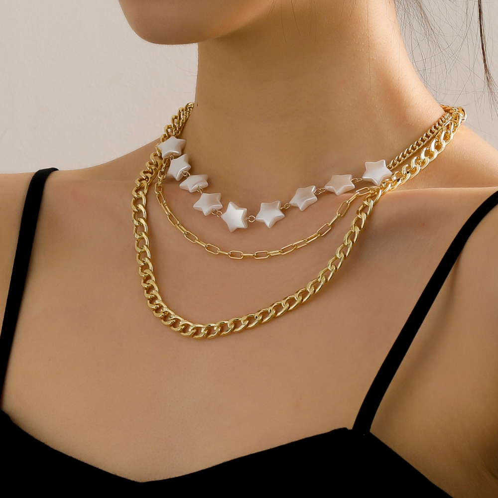 Fashion Elegant Gold Plated White Star Beaded Multi-Layer Clavicle Chain Necklace