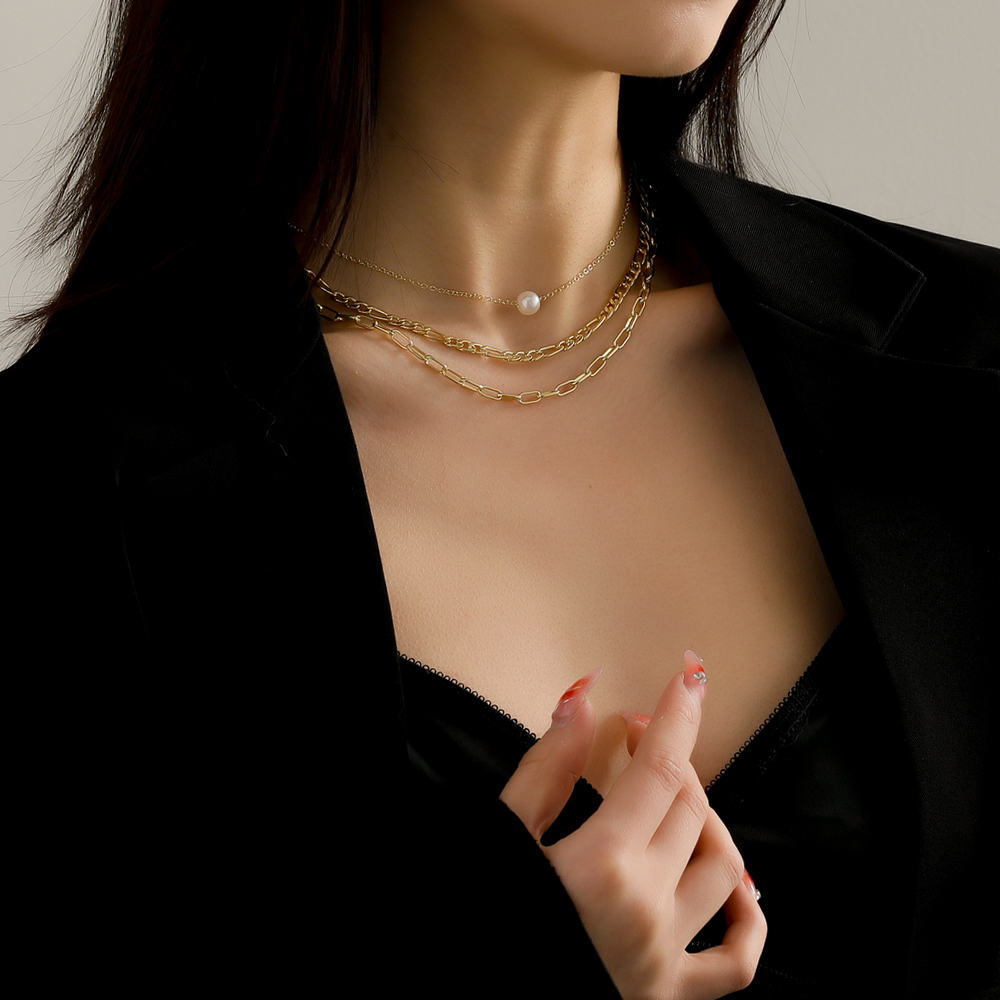 Fashion Elegant Gold Plated Pearl Pendant Multi-Layer Clavicle Chain Necklace