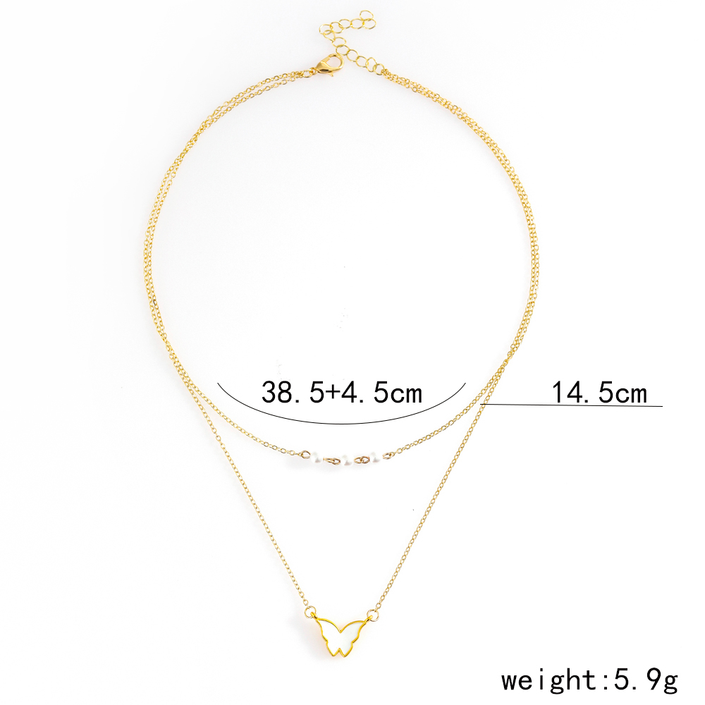 Fashion Elegant Gold Plated Pearl Butterfly Pendant Multi-Layer Clavicle Chain Necklace