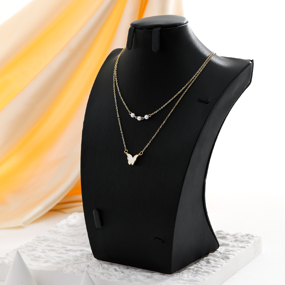 Fashion Elegant Gold Plated Pearl Butterfly Pendant Multi-Layer Clavicle Chain Necklace