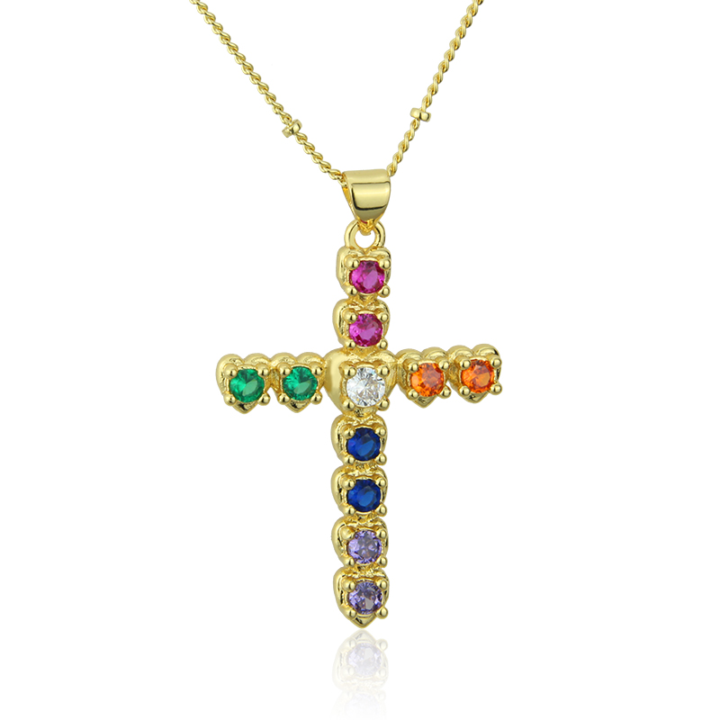 New Simple Copper Gold-Plated Color Zirconium Cross Pendant Necklace