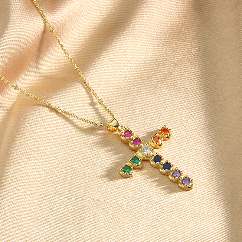 New Simple Copper Gold-Plated Color Zirconium Cross Pendant Necklace