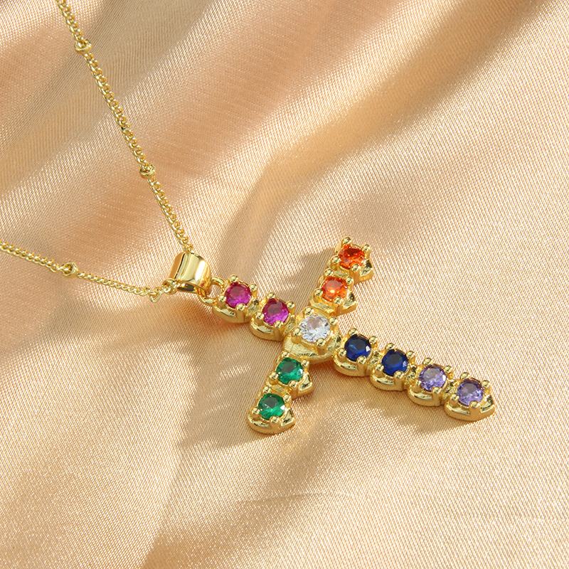 New Simple Copper Gold-Plated Color Zirconium Cross Pendant Necklace