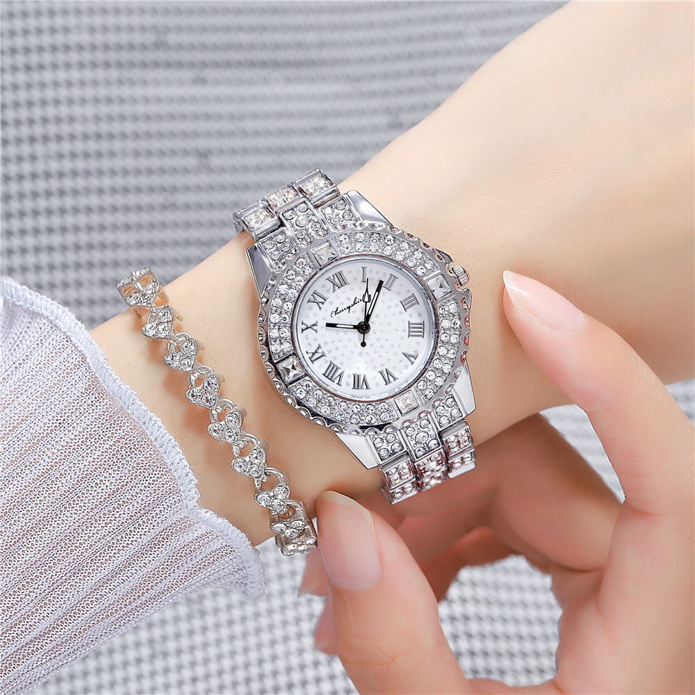 Fashion Rhinestone Roman Scale Women Steel Alloy Quartz Watch