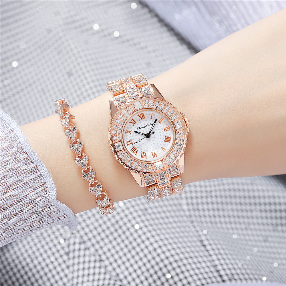 Fashion Rhinestone Roman Scale Women Steel Alloy Quartz Watch