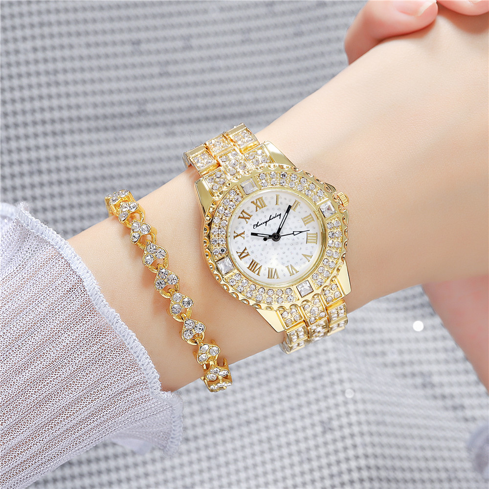 Fashion Rhinestone Roman Scale Women Steel Alloy Quartz Watch