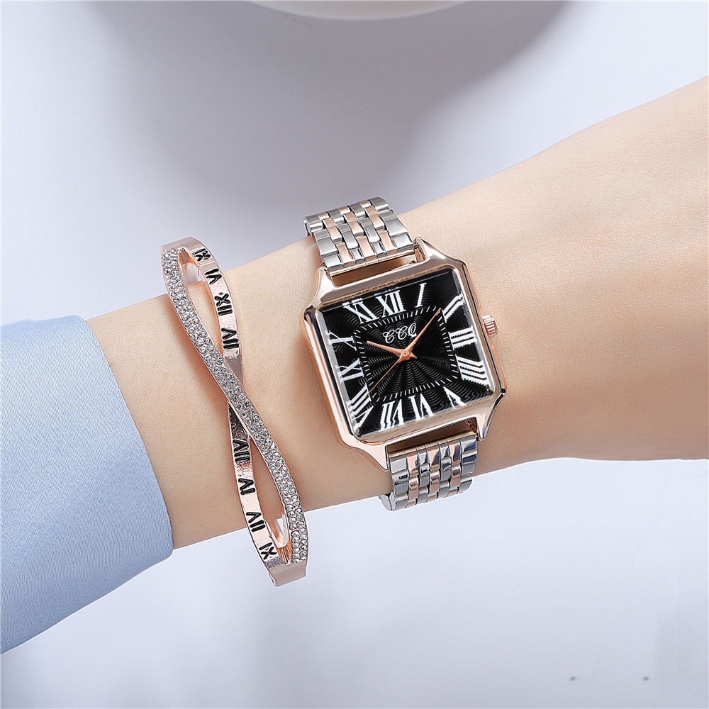Fashion Square Womenu0027s Roman Scale Gold Steel Belt Quartz Watch