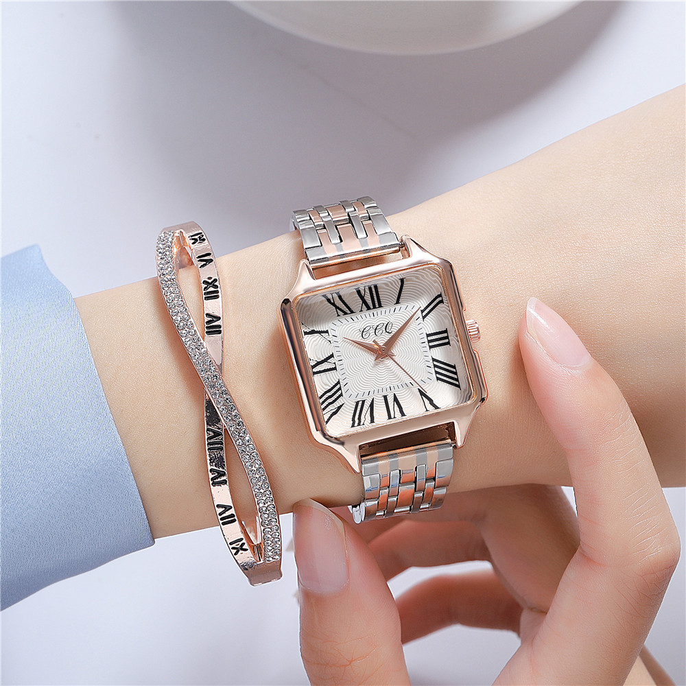 Fashion Square Womenu0027s Roman Scale Gold Steel Belt Quartz Watch