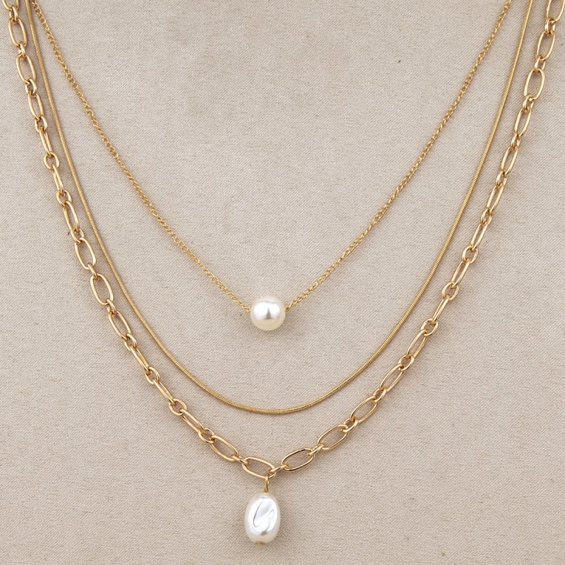 Fashion Three-Layer Clavicle Chain High and Low Pearl Inlaid Necklace