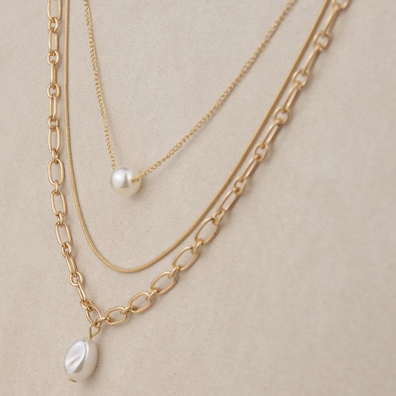 Fashion Three-Layer Clavicle Chain High and Low Pearl Inlaid Necklace