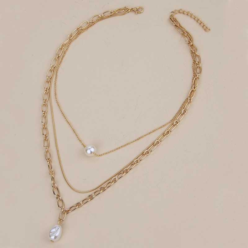 Fashion Three-Layer Clavicle Chain High and Low Pearl Inlaid Necklace