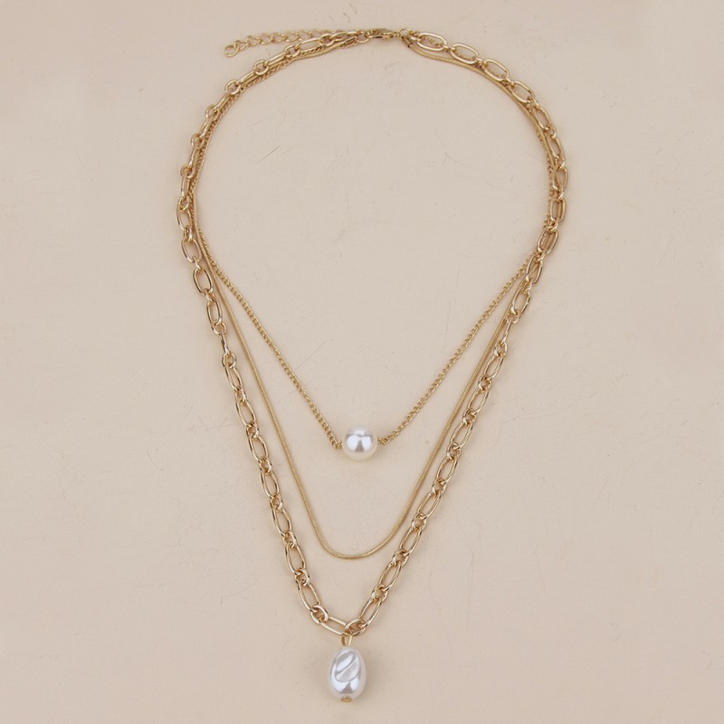 Fashion Three-Layer Clavicle Chain High and Low Pearl Inlaid Necklace