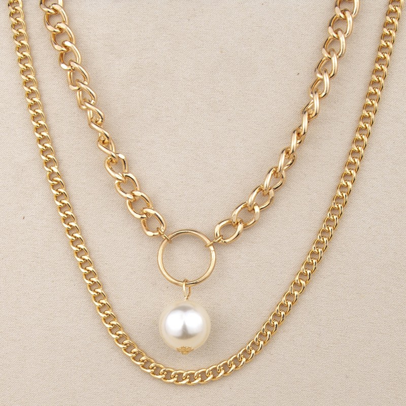 Exaggerated Thick Chain Large Pearl Double Layer Necklace