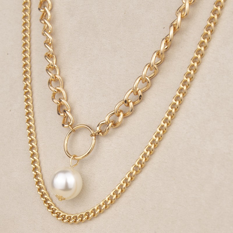 Exaggerated Thick Chain Large Pearl Double Layer Necklace