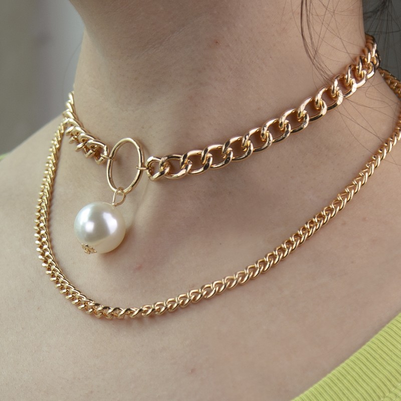 Exaggerated Thick Chain Large Pearl Double Layer Necklace