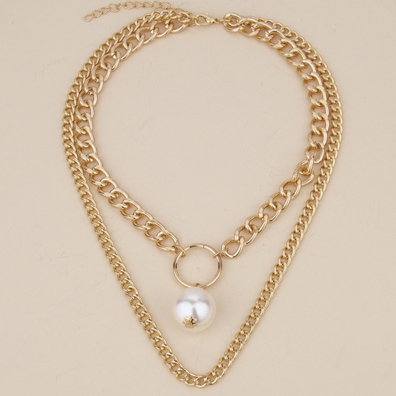 Exaggerated Thick Chain Large Pearl Double Layer Necklace