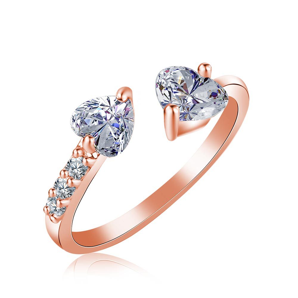 Fashion Simple Double Heart Full Diamond Open Zircon Womenu0027s Copper Ring