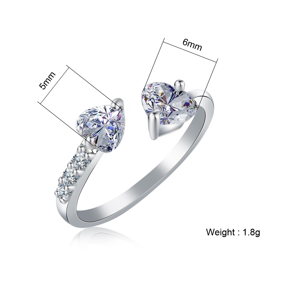 Fashion Simple Double Heart Full Diamond Open Zircon Womenu0027s Copper Ring