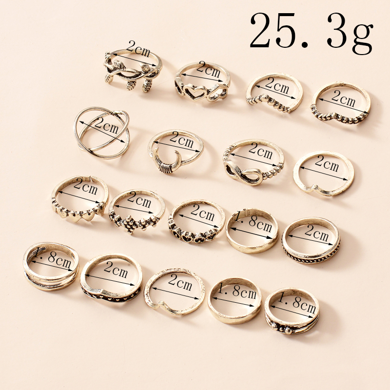 Fashion Retro Gold-Plated Geometric Shape Ring 18-Piece Set