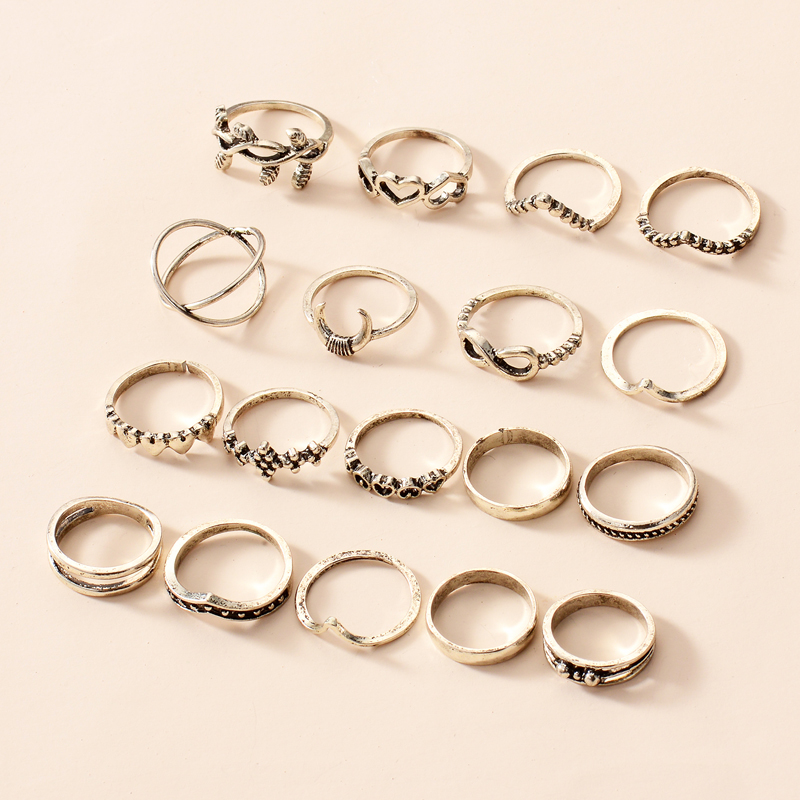 Fashion Retro Gold-Plated Geometric Shape Ring 18-Piece Set