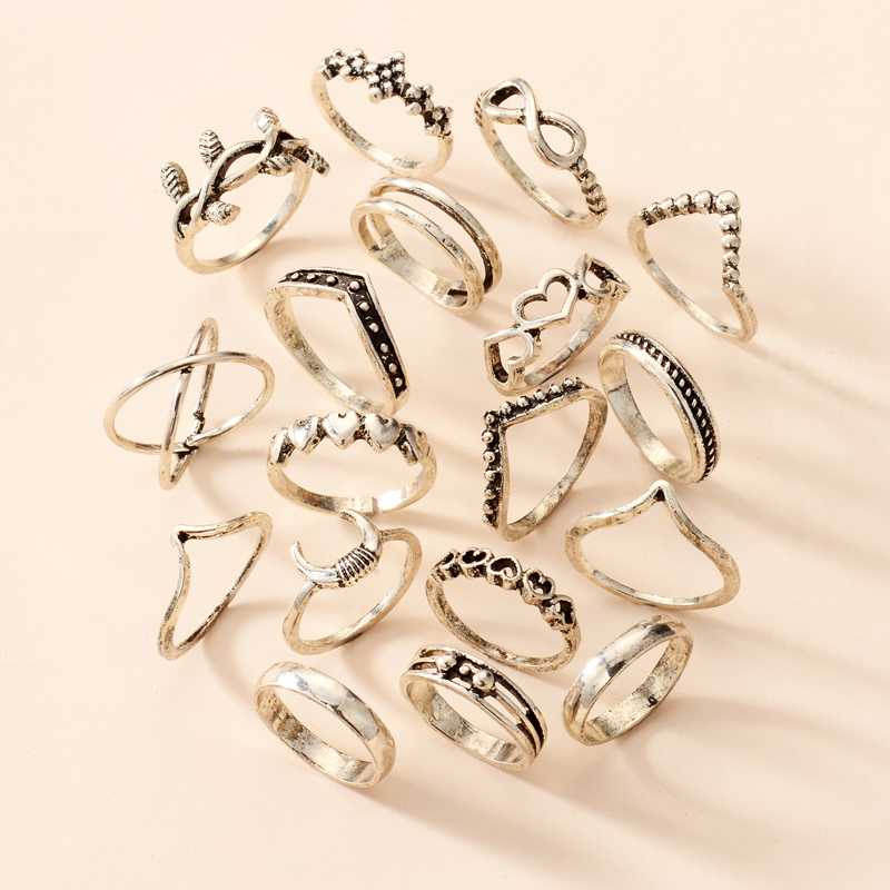 Fashion Retro Gold-Plated Geometric Shape Ring 18-Piece Set