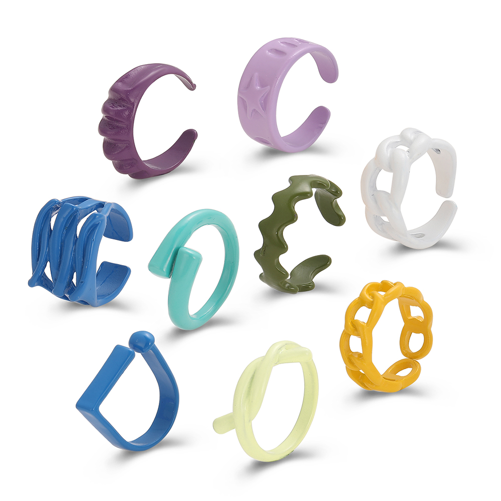 New simple geometric solid color alloy 9-Piece Ring Set