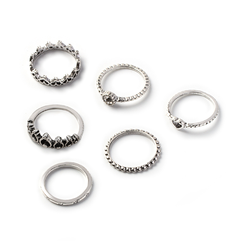 Fashion Retro Geometric Heart Crown Ancient Silver Ring 6-Piece Set