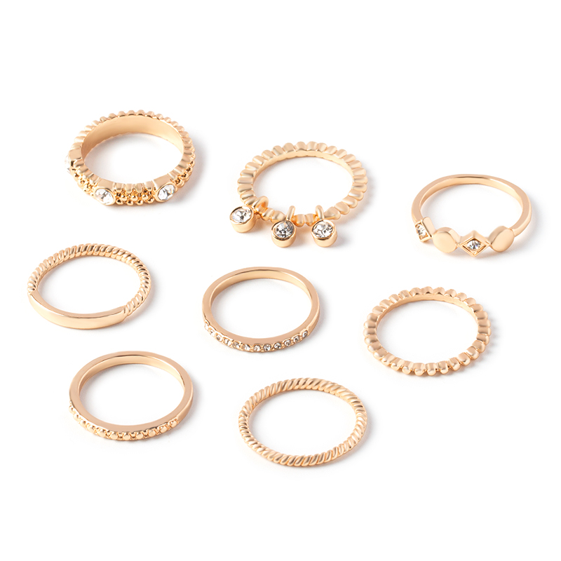 Fashion Delicate Gold-Plated Rhinestone Inlaid Multi-Layer Ring Set 8 Piece