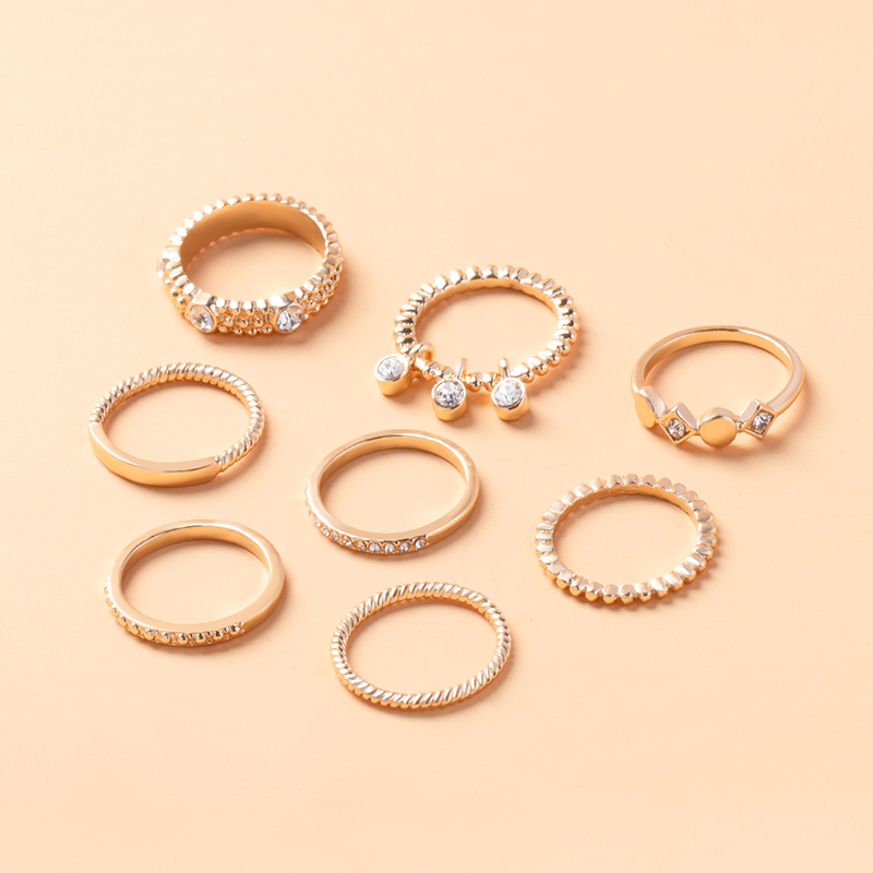 Fashion Delicate Gold-Plated Rhinestone Inlaid Multi-Layer Ring Set 8 Piece