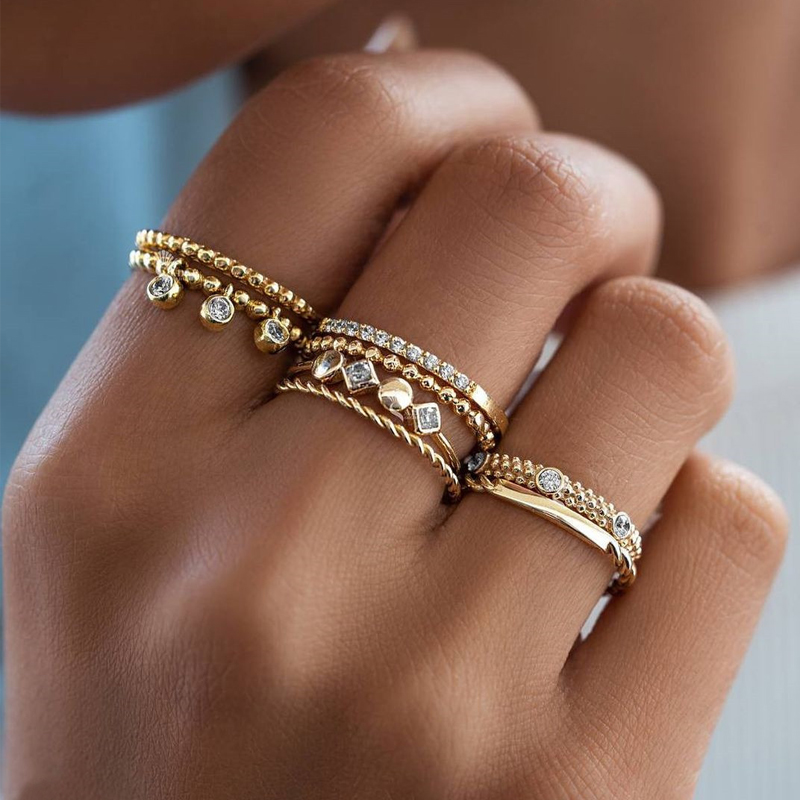 Fashion Delicate Gold-Plated Rhinestone Inlaid Multi-Layer Ring Set 8 Piece