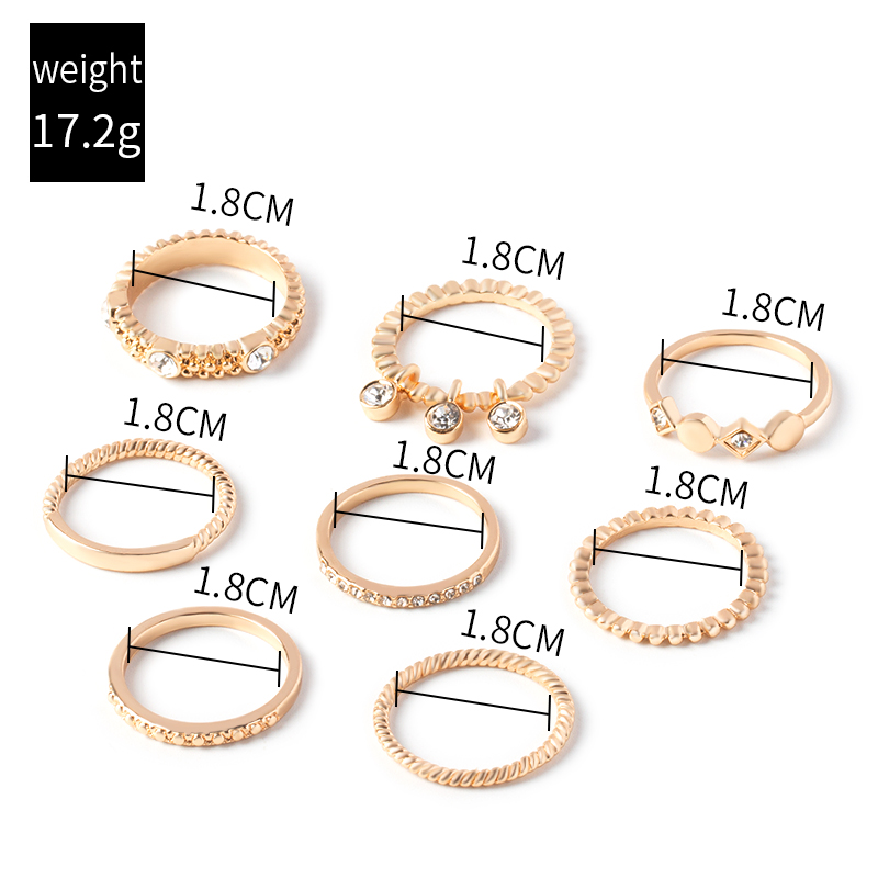 Fashion Delicate Gold-Plated Rhinestone Inlaid Multi-Layer Ring Set 8 Piece