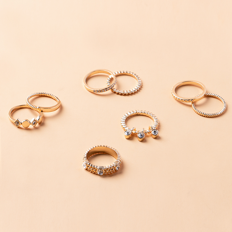 Fashion Delicate Gold-Plated Rhinestone Inlaid Multi-Layer Ring Set 8 Piece