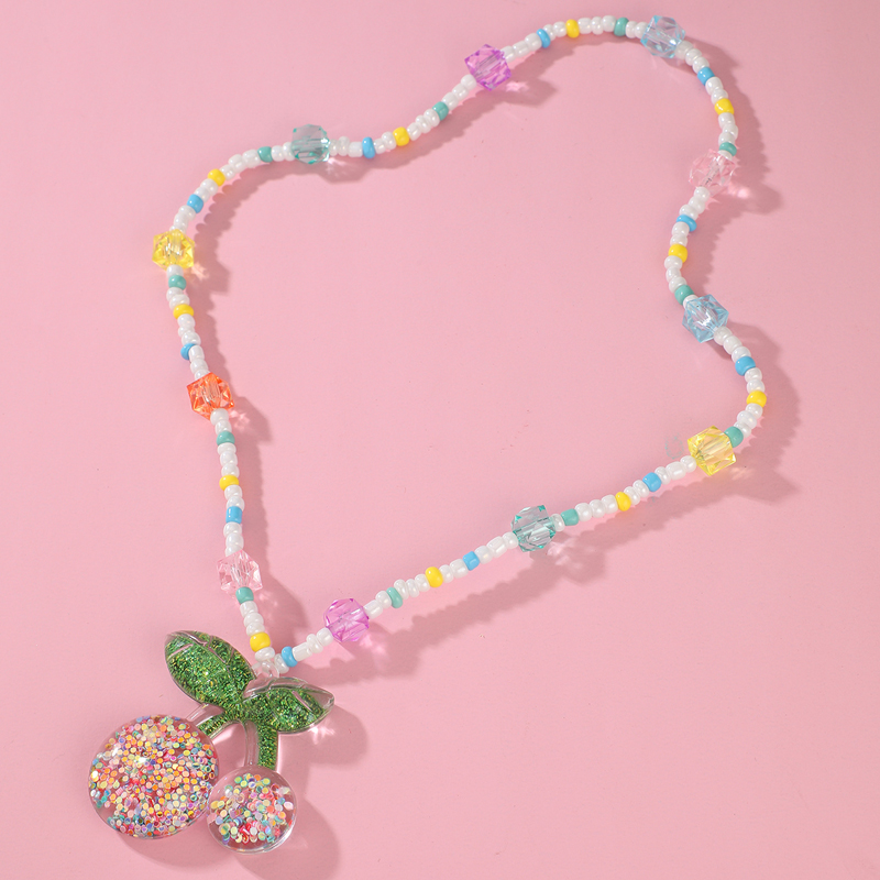 Cute Jewelry Fruit Cherry Pendant Single Layer Colorful Beaded Necklace