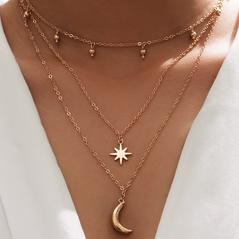 2022 New Fashion Gold-Plated Moon Star Pendant Multi-Layer Necklace