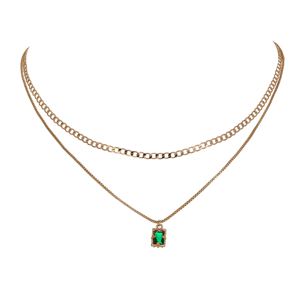 Simple Fashion Double-Layer Green Zircon Pendant Copper Necklace