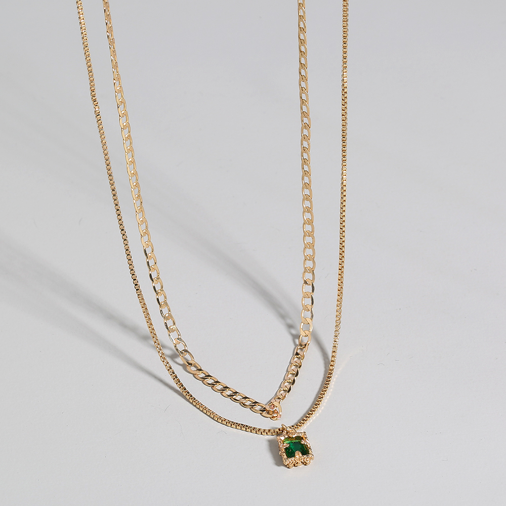 Simple Fashion Double-Layer Green Zircon Pendant Copper Necklace