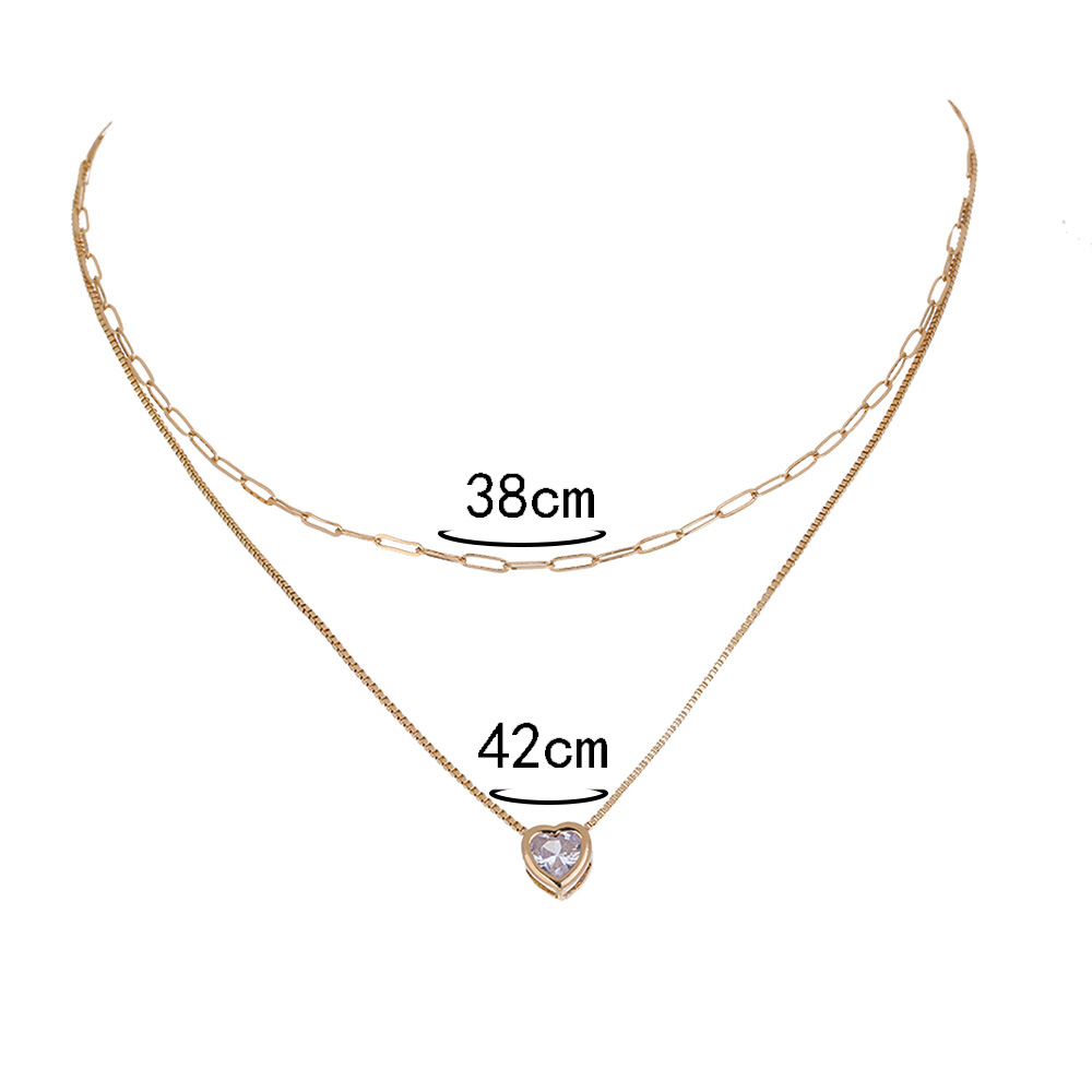 Fashion Creative White Zircon Heart-Shaped Pendant Double Layer Copper Necklace