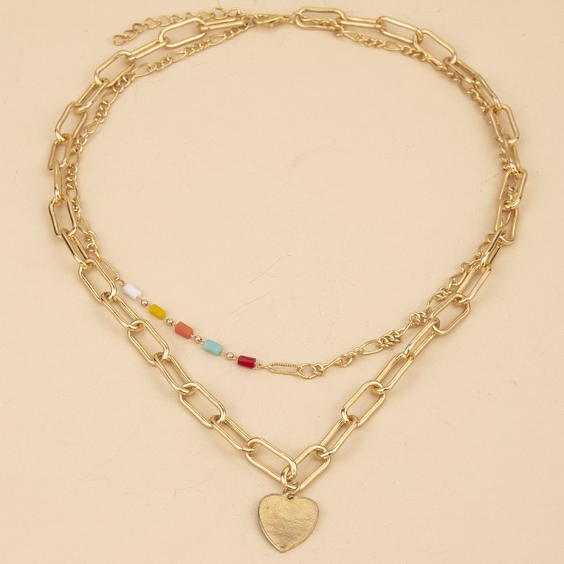 Colored Loving Heart pendant solid color Double Layer chain Necklace