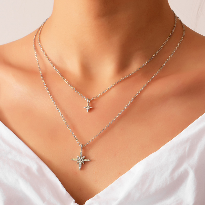 Fashion Elegant Double-Layer Rhinestone Inlaid Star Pendant Necklace for Women