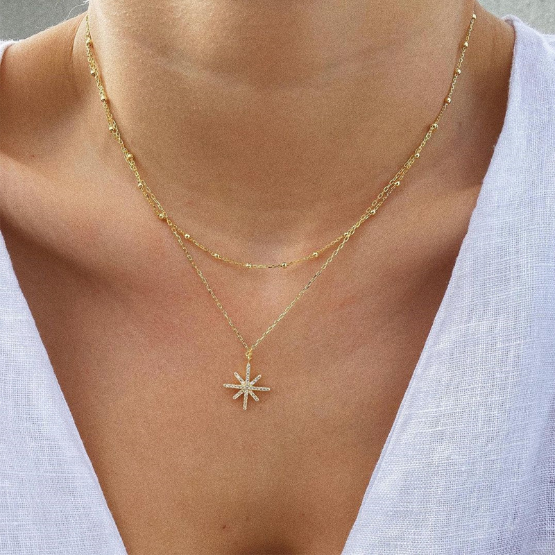 Fashion Gold-Plated Rhinestone Inlaid Star Pendant Multi-Layer Necklace for Women