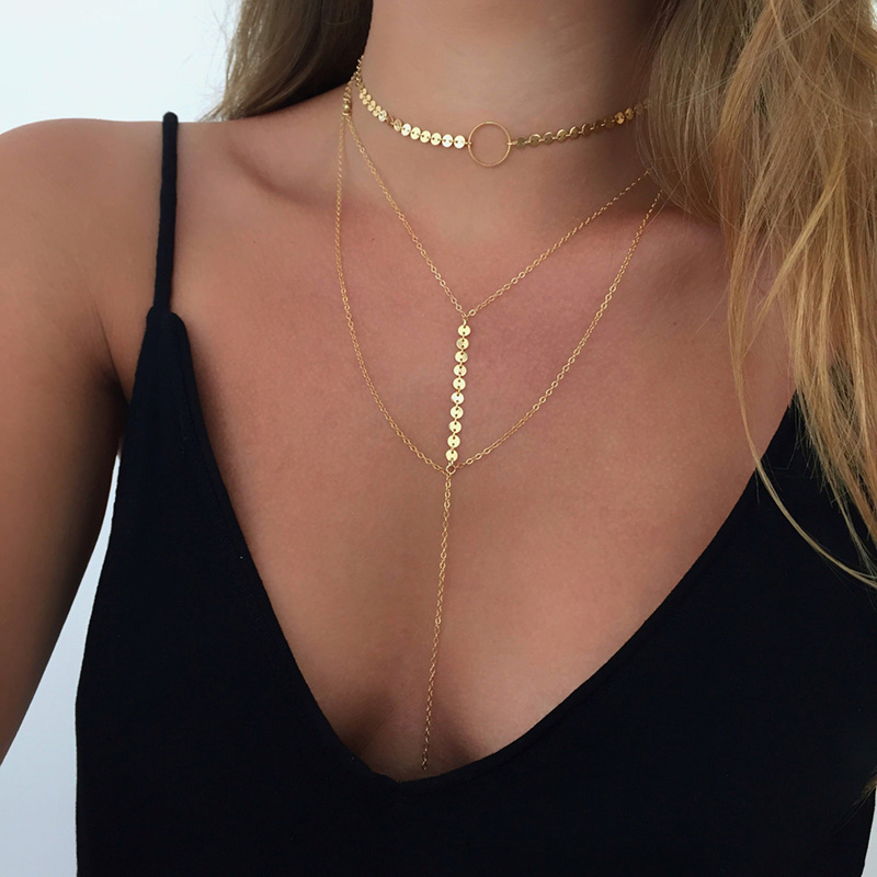 Fashion Elegant Shiny Sequins Clavicle Chain Tassel Multi-Layer Necklace