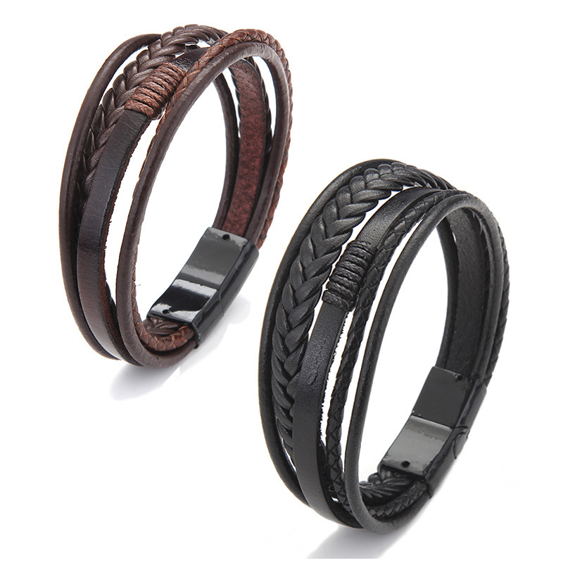 Fashion Simple Black Brown Leather Rope Woven Magnet Bracelet