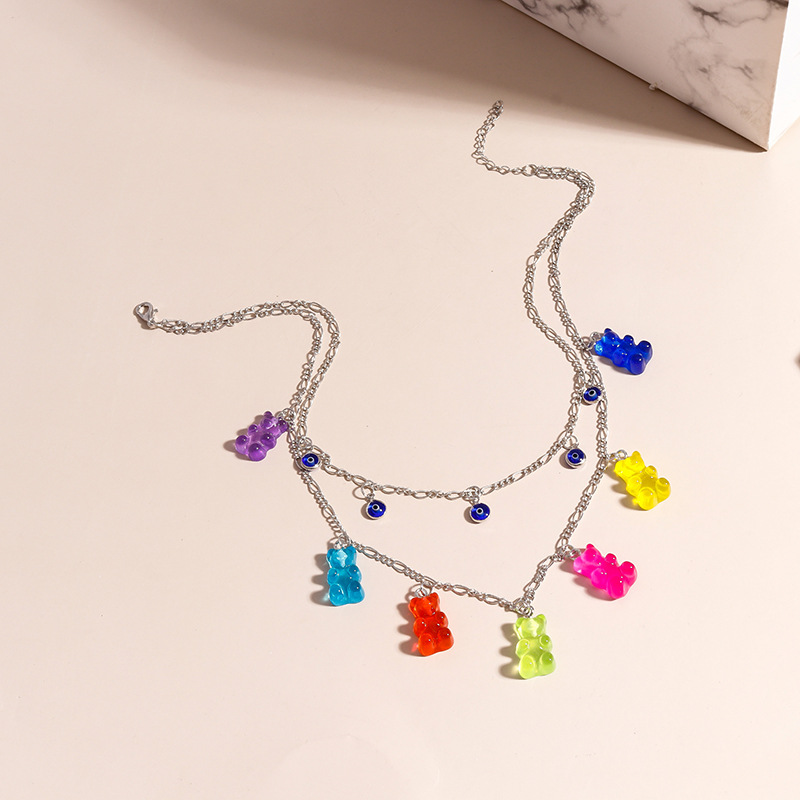 Fashion Jewelry Disco Jumping Multi-Layer Colorful Bear Necklace