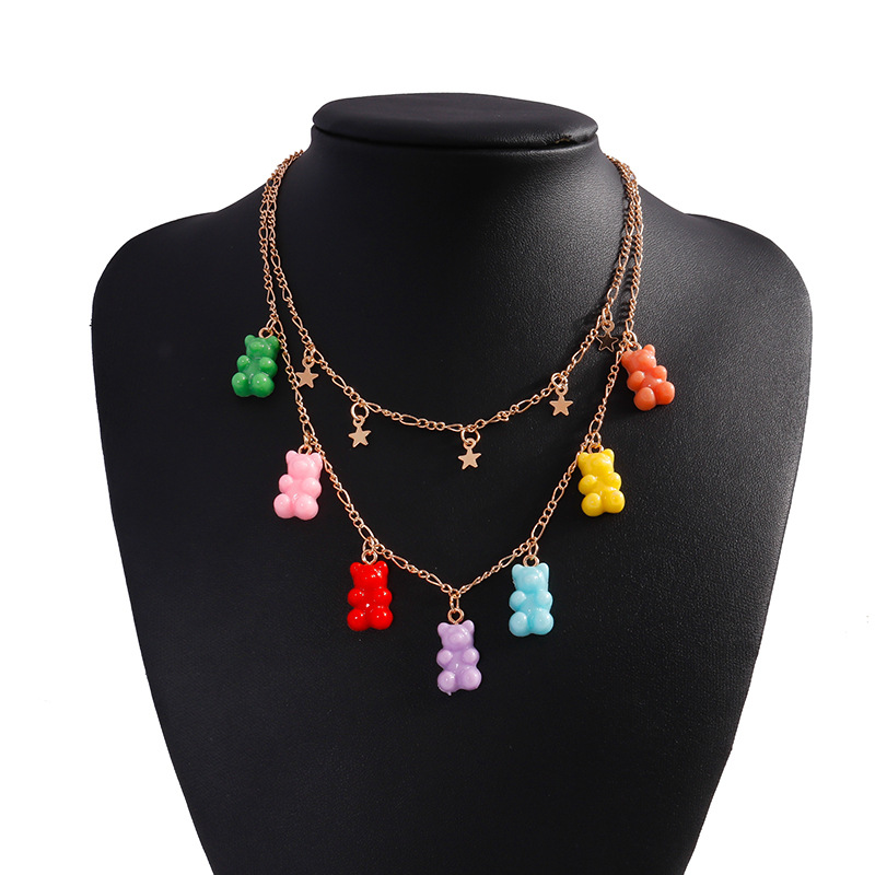 Fashion Jewelry Disco Jumping Multi-Layer Colorful Bear Necklace