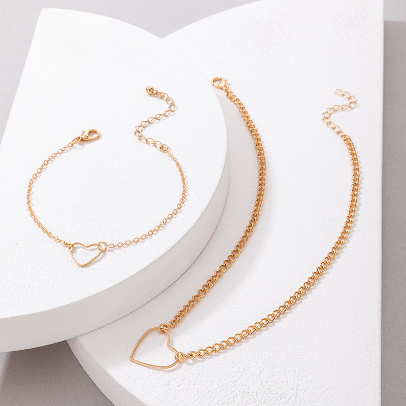 Fashion Simple Hollowed Heart Shape Geometric Alloy Bracelet Necklace Set