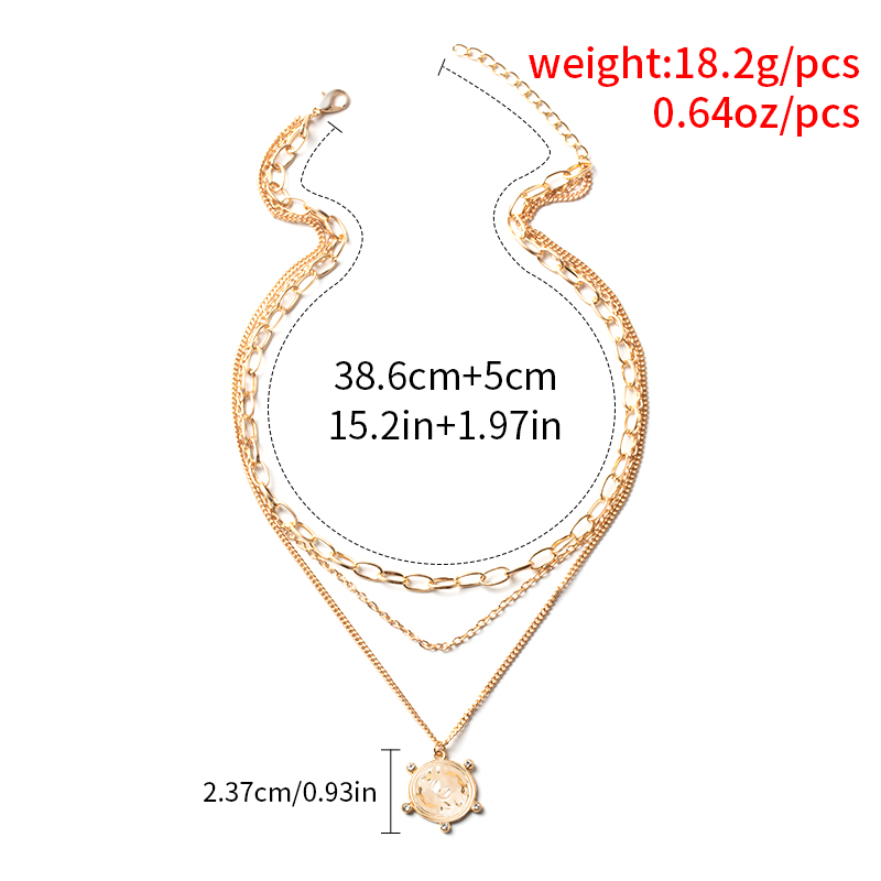 Fashion Retro Round Plate Pendant Thick Chain Multi-Layer Necklace Women