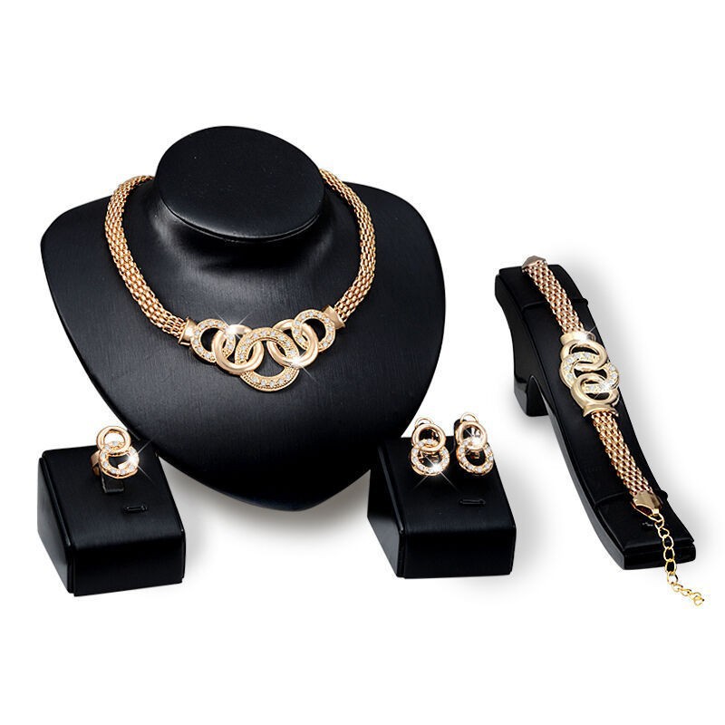solid color rhinestone inlaid Necklace Ear Stud Bracelet Ring Four Pieces
