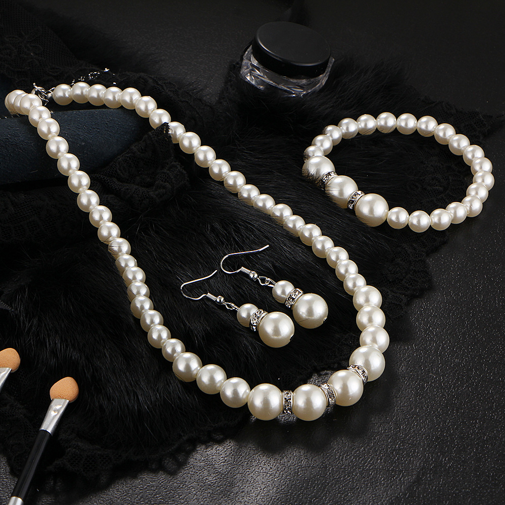 Womenu0027S Fashion Simple Style Geometric Round Imitation pearl Earrings Necklace Inlay Diamonds Je