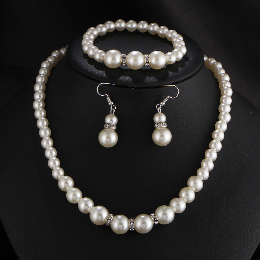 Womenu0027S Fashion Simple Style Geometric Round Imitation pearl Earrings Necklace Inlay Diamonds Je